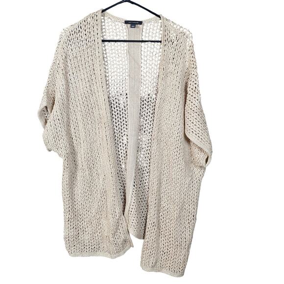 Ann Taylor Womens Sweater Brown Cardigan Open Front Short Sleeve Open Knit Large - Picture 1 of 10